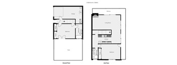 A floor plan of a two-story house with two bedrooms and two bathrooms.